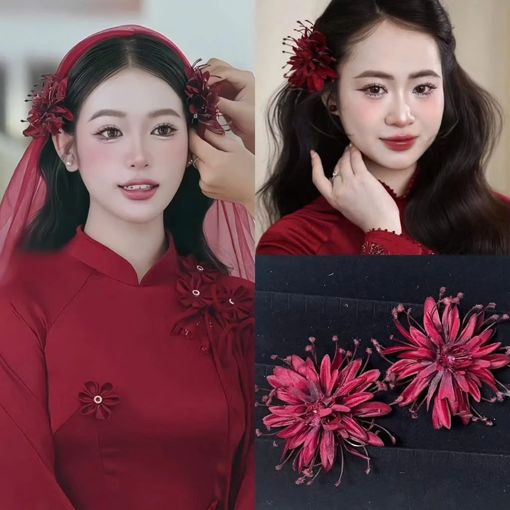 Khi cài tóc cô dâu hoa đỏ kèm khăn voan, độ bồng nhẹ dễ chuyển thành rối tóc trong cơn gió