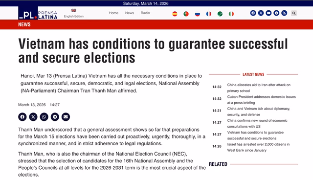 Tin tức về bầu cử của Việt Nam trên Prensa Latina. Ảnh chụp màn hình