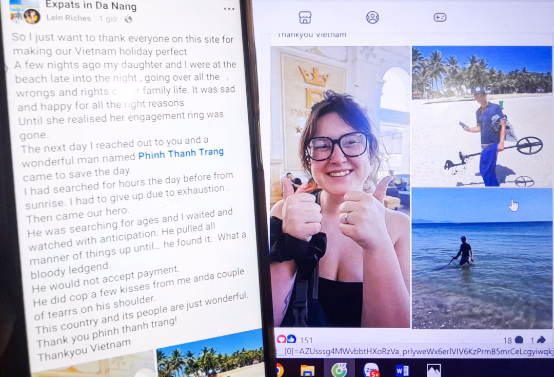 Cán bộ Đà Nẵng dùng máy dò tìm nhặt được nhẫn kim cương cho du khách Australia Du khách viết lời cảm ơn sau khi được hỗ trợ tìm lại nhẫn kim cương. Ảnh: G.X