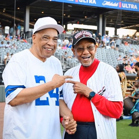 
				Honoree Ron Banks and Theotis Robinson Jr., Negro League Night, Covenant Health Park, August 2025
				 