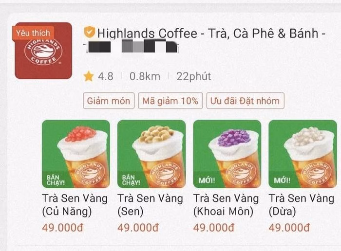 Tr&agrave; sen v&agrave;ng vẫn c&ograve;n tr&ecirc;n ShopeeFood v&agrave; website Highlands Coffee