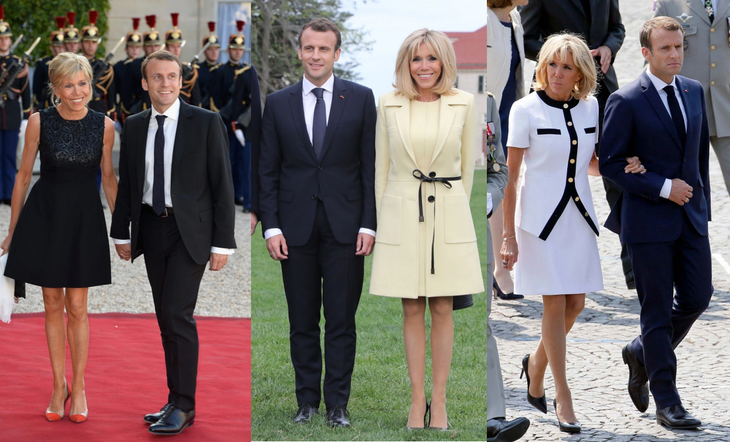 Brigitte Macron không hề lép vế khi sánh vai bên Tổng thống Pháp Emmanuel Macron kém bà 24 tuổi - Ảnh: WWD