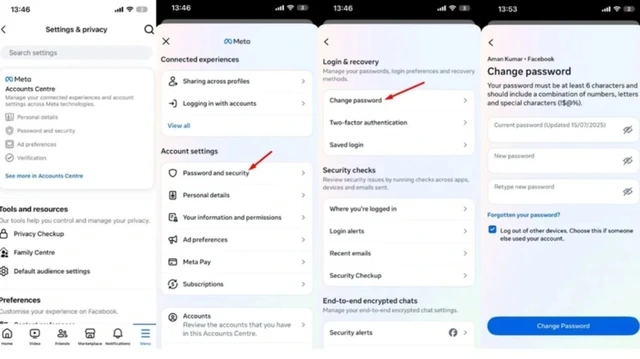 Các bước truy cập trang thay đổi mật khẩu cho Facebook. ẢNH: CHỤP MÀN HÌNH SLASHGEAR