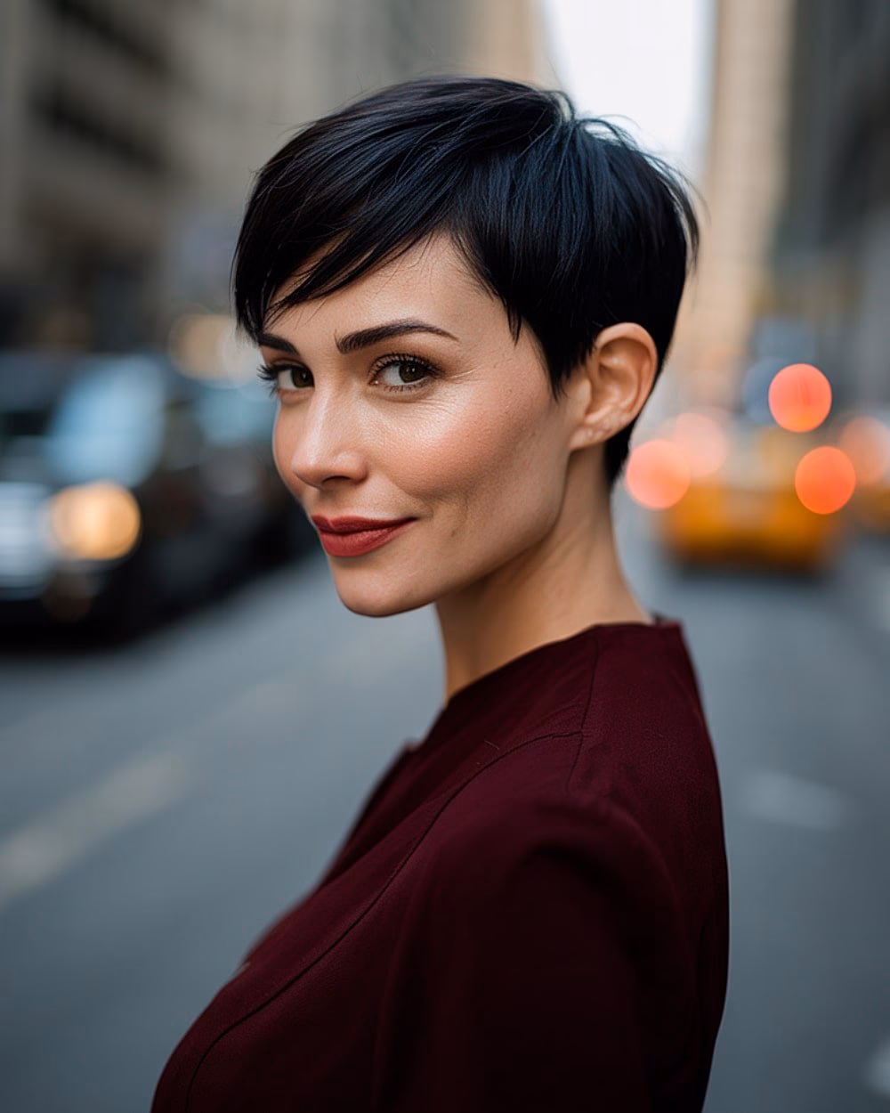 Jet black pixie cut with long textured side bangs styled sleek on thick hair