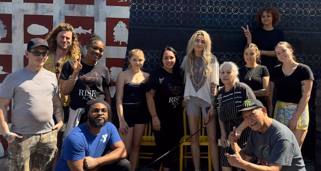 Paris Jackson, center in white top, visited Rise N Shine Diner in Syracuse, N.Y., with her fiancé and bandmate Justin Long (second from left) on Sunday, June 29, 2025. (Provided photo)