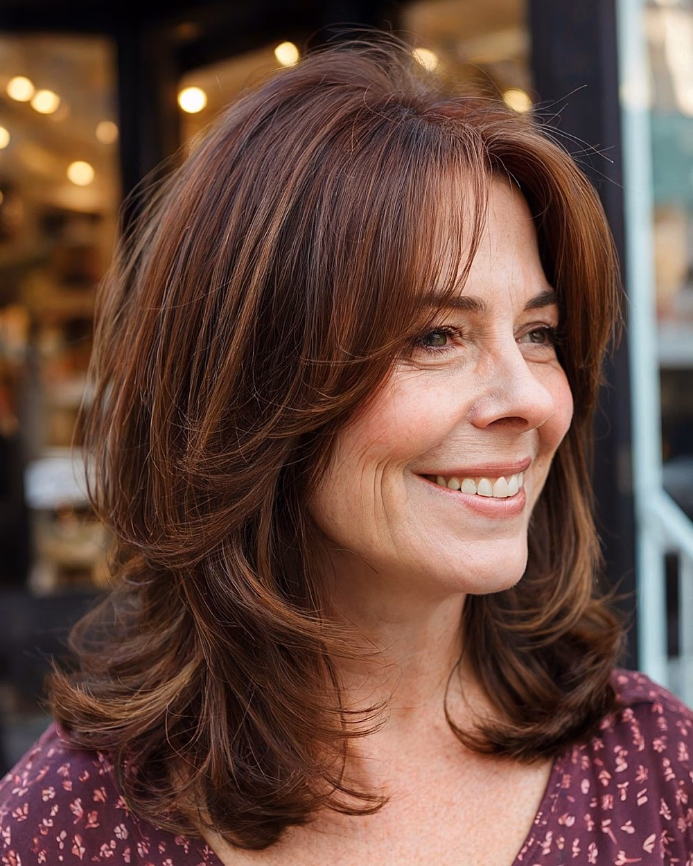 Tóc tầng trung giúp chị em U60 trẻ trung, dễ chăm sóc Medium butterfly haircut with shoulder-length layers and middle part on chestnut brown hair