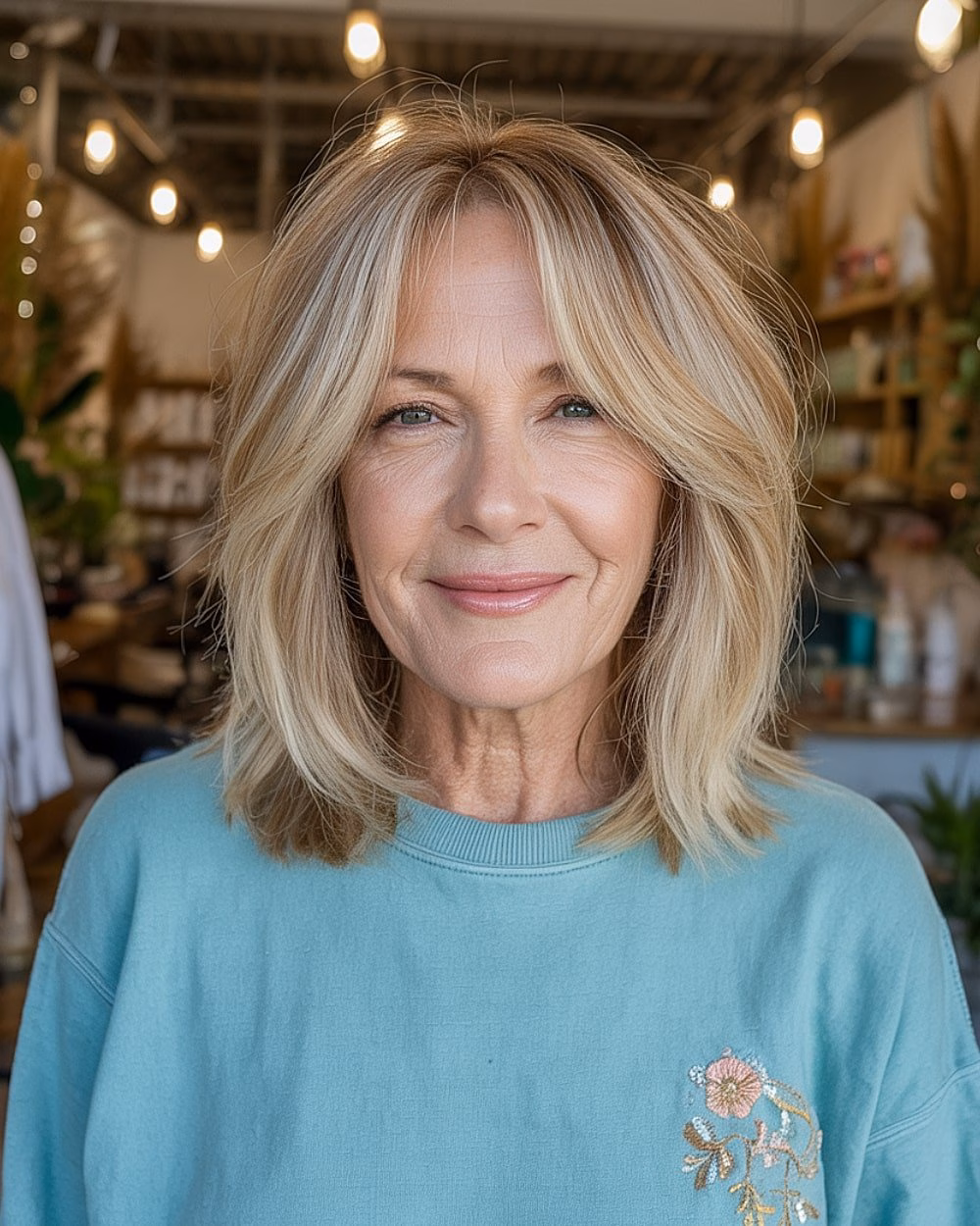 Tóc tầng trung giúp chị em U60 trẻ trung, dễ chăm sóc Medium-length blonde mom cut with soft choppy layers and curtain-style face framing