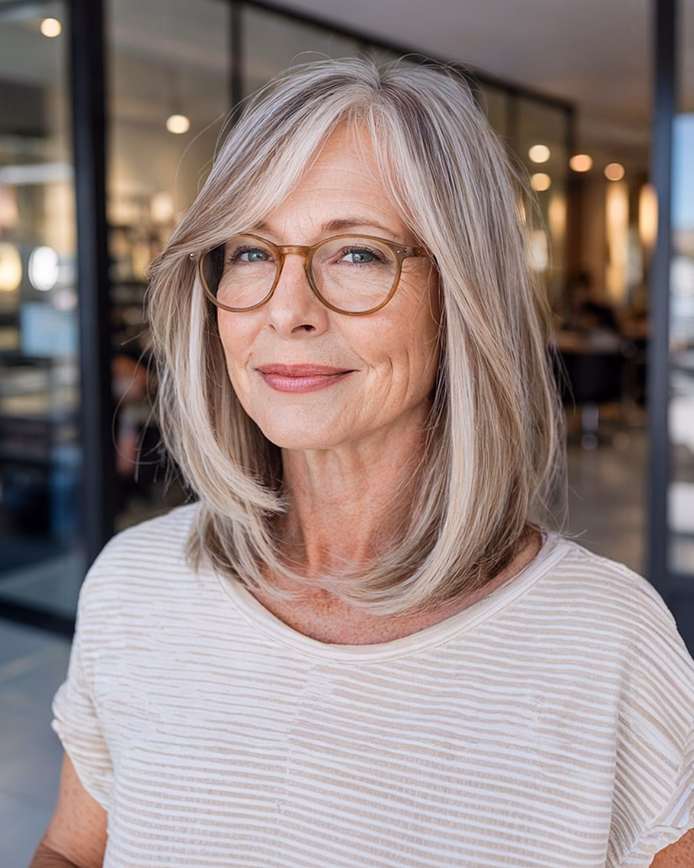 Tóc tầng trung giúp chị em U60 trẻ trung, dễ chăm sóc Mid-length straight hair with face-framing layers and long side bangs for older women