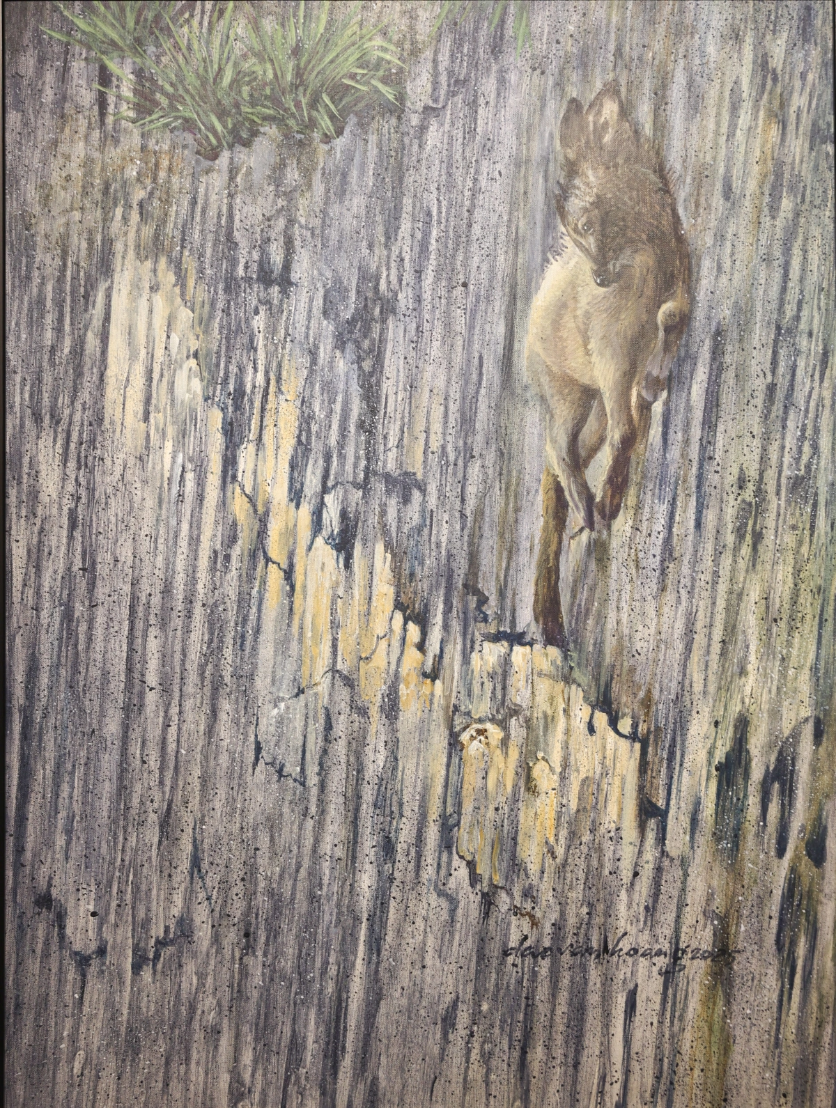 Triển lãm Nghệ thuật Hoang dã – Thiên nhiên: 160 tác phẩm động vật sinh động Bức tranh loài sơn dương đang leo vách đá. Ông lấy bối cảnh là vách đá vôi dựng đứng ở đảo Cát Bà (Hải Phòng) - nơi người ta tin sơn dương vẫn còn sống sót.