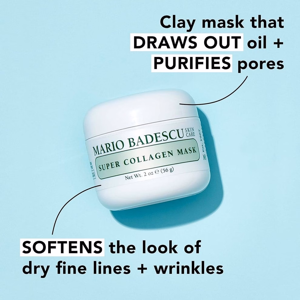 3 sản phẩm chăm sóc da và môi giúp giảm đỏ, mịn màng và cấp ẩm Mario Badescu Super Collagen Mask, 2 oz. jar. Text highlights benefits: removes oil, purifies pores, and softens fine lines and wrinkles