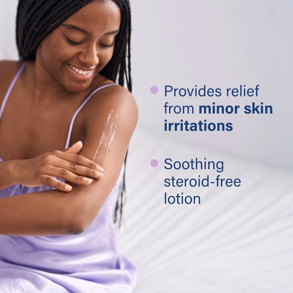 3 sản phẩm chăm sóc da và môi giúp giảm đỏ, mịn màng và cấp ẩm Person applying lotion to arm, smiling. Text: "Provides relief from minor skin irritations. Soothing steroid-free lotion."