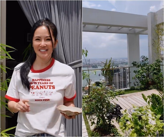 Ca sĩ Hồng Nhung hé mở không gian sân thượng penthouse với vườn hoa rực rỡ Trong nhà, Diva thường bày những bình hoa tươi đẹp mắt. Cô cho biết mình thích cắm hoa, tuần nào cũng có 3 buổi cắm hoa hoặc hơn như thế.
