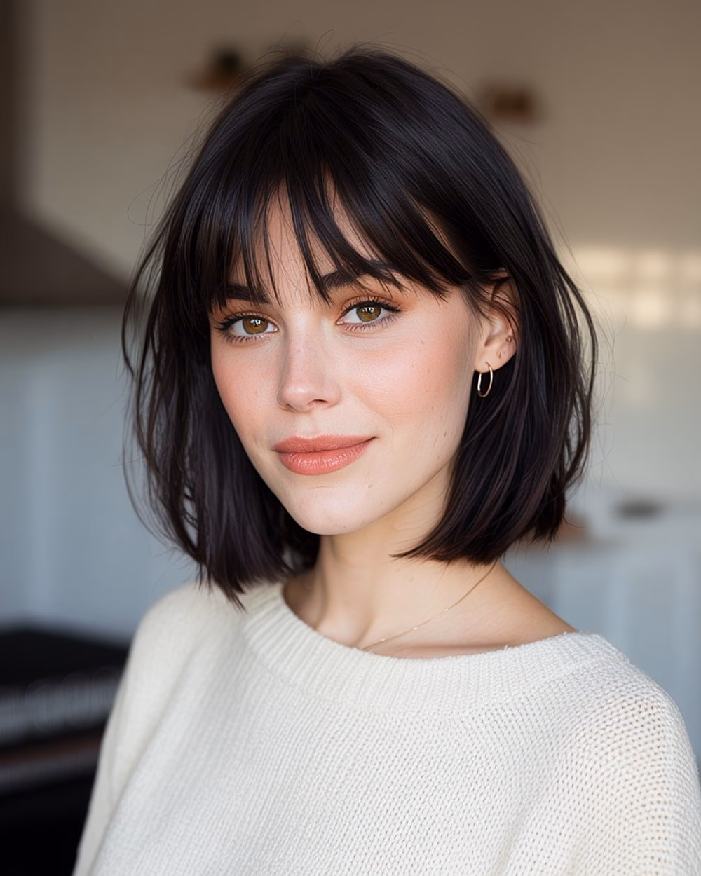 Cắt tóc đen ngắn với mái bàng: Lựa chọn phong cách phù hợp cho từng khuôn mặt và loại tóc Glossy short black lob with long airy bangs and smooth texture