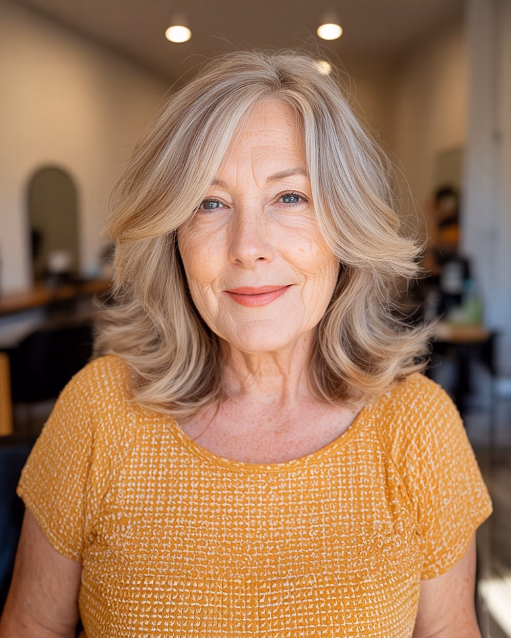 Cắt tóc layer trung giúp chị em U60 trẻ trung, dễ chăm sóc Soft medium-length blonde haircut with subtle layers and side-swept fringe for older women