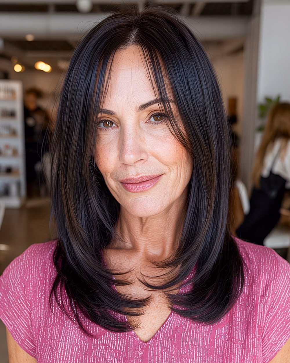 Cắt tóc layer trung giúp chị em U60 trẻ trung, khí chất Glossy black medium-length layered haircut with soft face framing and center part