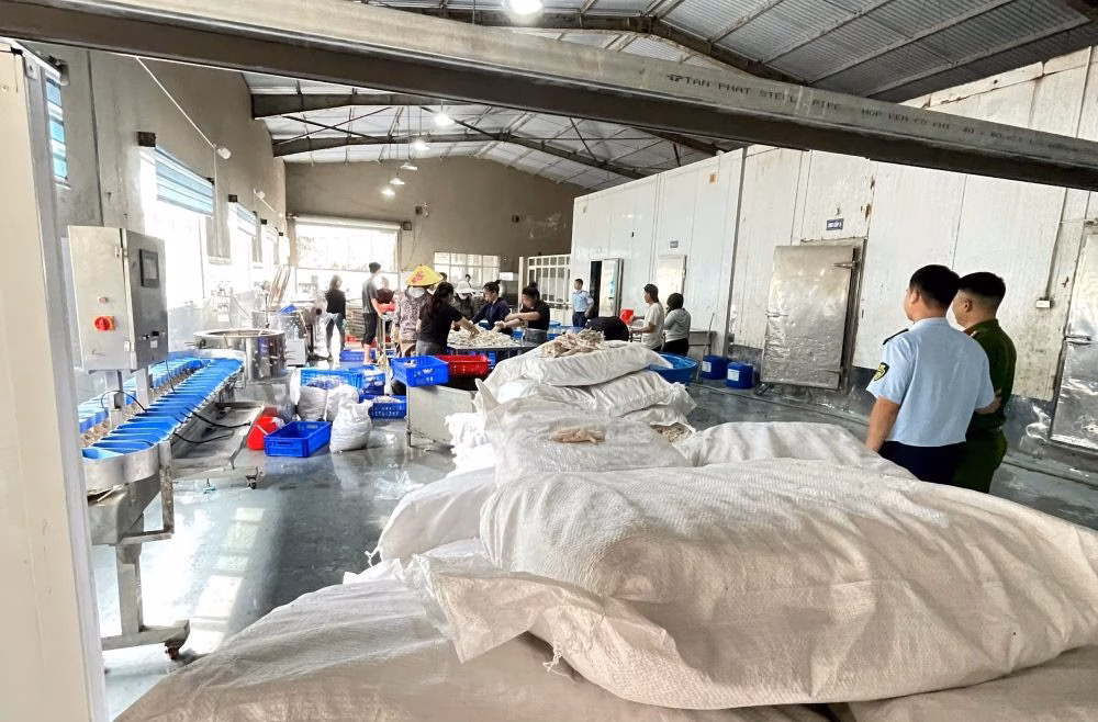 “Chân gà ngâm hóa chất: Cần xử nghiêm để bảo vệ người tiêu dùng” 13 tấn chân gà không rõ nguồn gốc, ngâm trong hóa chất. Ảnh Công an Thanh