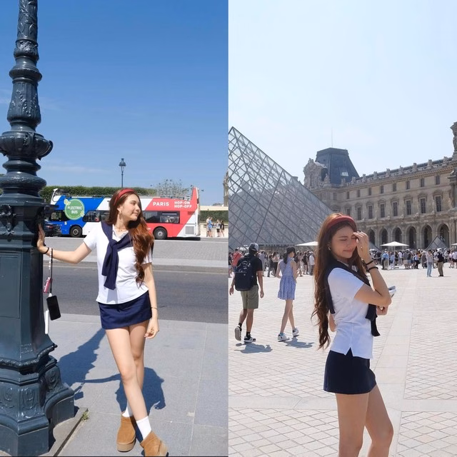 Thiếu nữ tuổi teen tạo dáng trên phố Paris trong set đồ trẻ trung, nổi bật với chân váy ngắn tôn lên đôi chân thon dài. (Nguồn: Instagram NV)