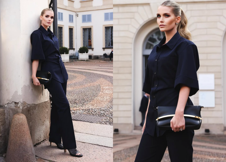 Kitty Spencer – Người mẫu quý tộc Anh với vẻ đẹp hoàng gia và phong cách thanh lịch Kitty Spencer xuất hiện nổi bật ở show diễn Thu Đông 2025 của nhà mốt Tod’s, diễn ra ngày 28-2 tại Milan Fashion Week. Cô diện set đồ navy thanh lịch với áo sơ mi và quần ống suông - Ảnh: IGNV