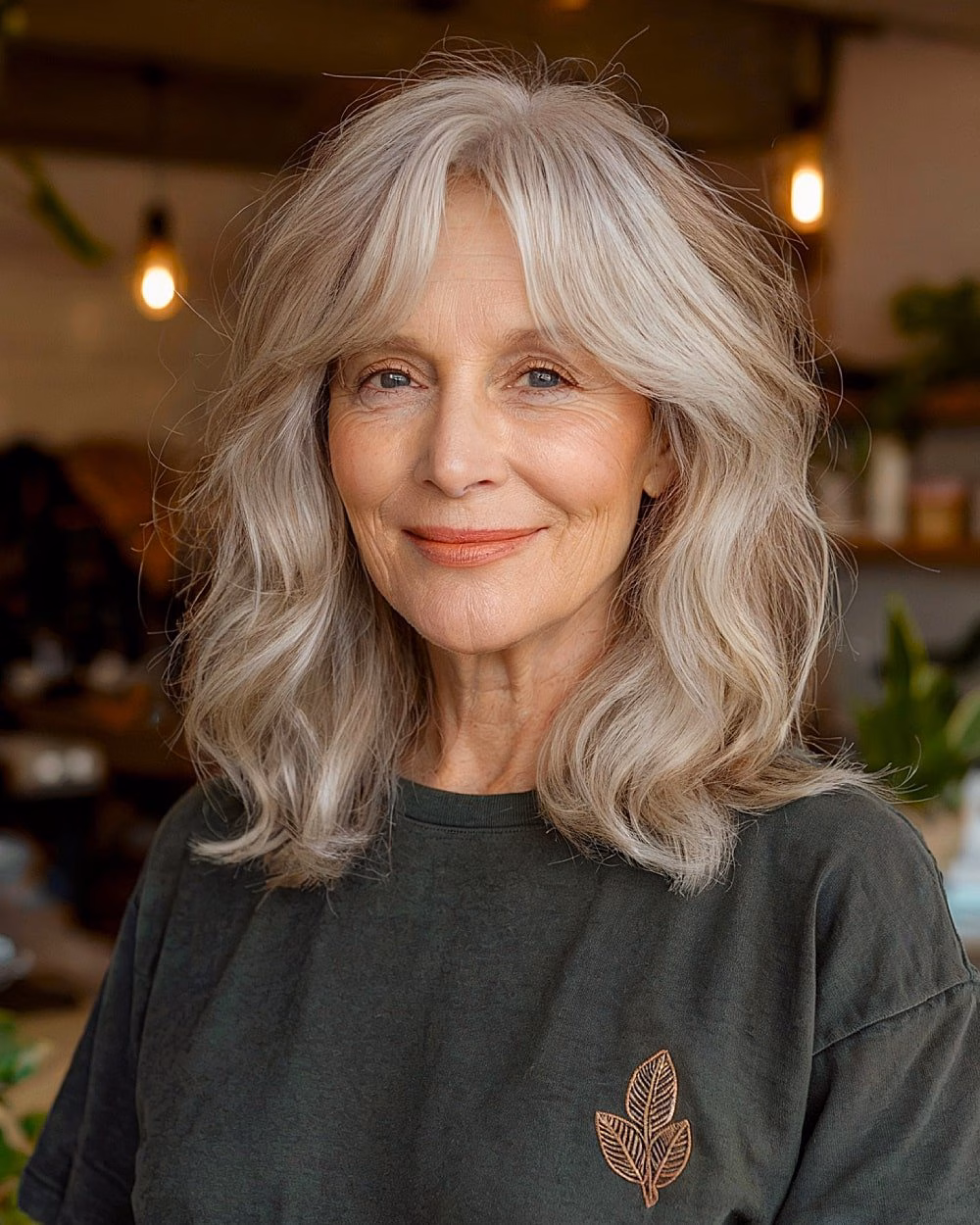 Mid-length wavy silver hair with curtain bangs for natural bounce in women over 70