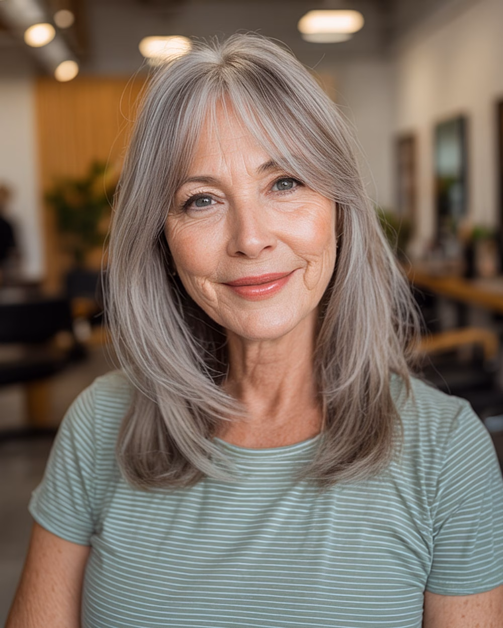 Mẹo chọn rèm tóc phù hợp với phụ nữ trên 70 tuổi Straight silver medium-length hair with curtain bangs softly framing the face for women 70+