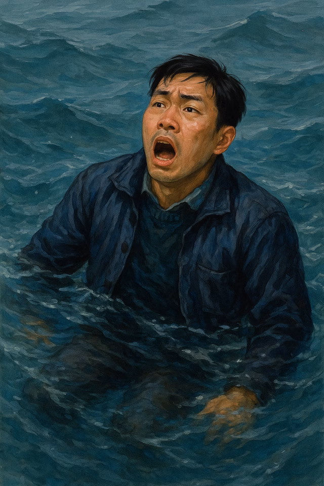 Mẹo giữ ấm và sống sót khi bị rơi xuống biển Khi rơi xuống nước, dù quần áo đã ướt cũng đừng cởi ra (Ảnh minh hoạ bởi AI)