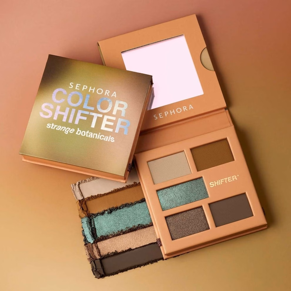 Sephora Color Shifter palette with four earthy eyeshadow shades displayed, featuring a brushstroke of each color