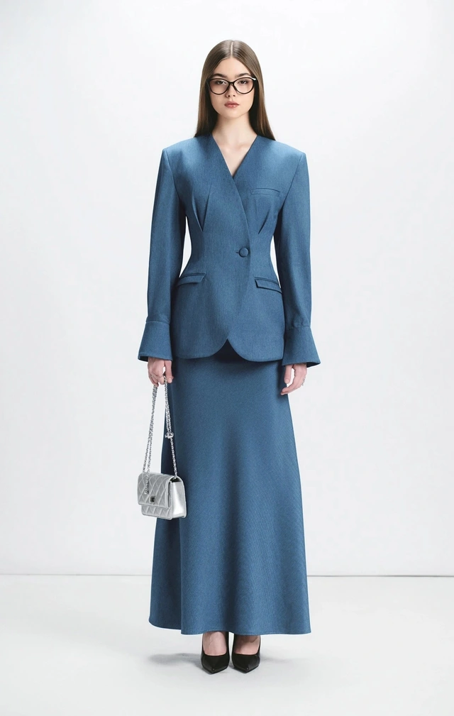Blazer và chân váy dài lên ngôi trong phong cách office look mùa thu 2025 Thiết kế mang đến vẻ gợi cảm tinh tế, thích hợp cho những buổi họp trang trọng và cả những buổi tiệc tối hoặc sự kiện thương mại sau giờ làm