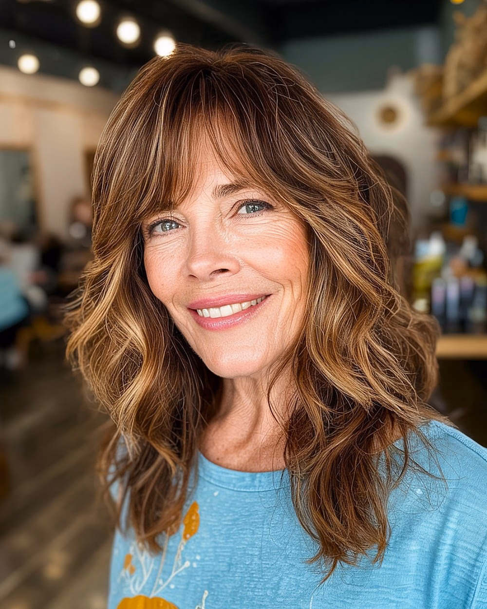 Cắt tóc tầng trung giúp chị em U60 trẻ trung, xinh đẹp Choppy layered medium haircut with warm brunette tones and curtain bangs for women over 60