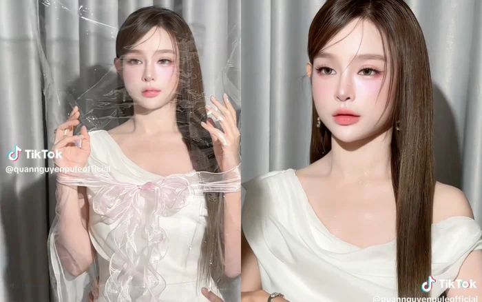Huyền Baby khoe làn da trắng sáng khi "đu trend búp bê". Ảnh: TikTok quannguyenpuleofficial