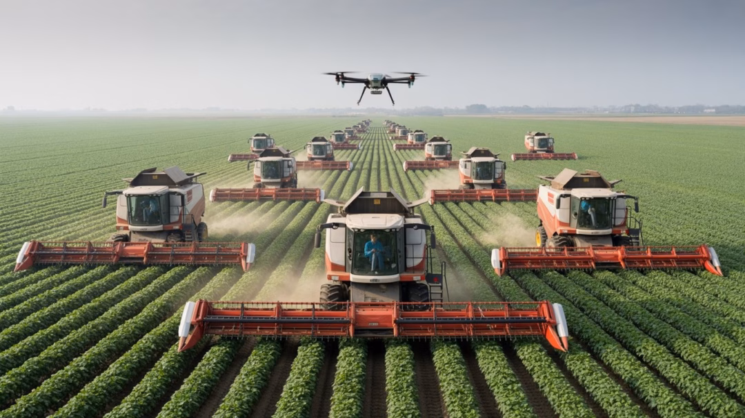 Ảnh minh họa mô hình máy kéo tự hành kết hợp drone trên đồng ruộng (Ảnh: Xinjiang Daily).