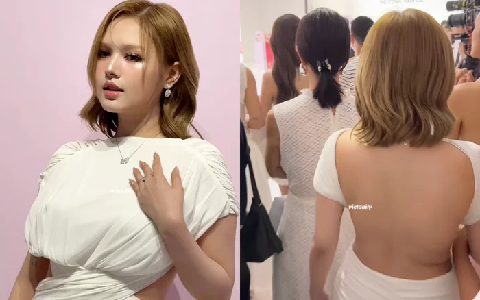 Việc diện váy hở lưng vô tình khiến Xoài Non lộ rõ tình trạng tăng cân. Ảnh: TikTok vietdaily