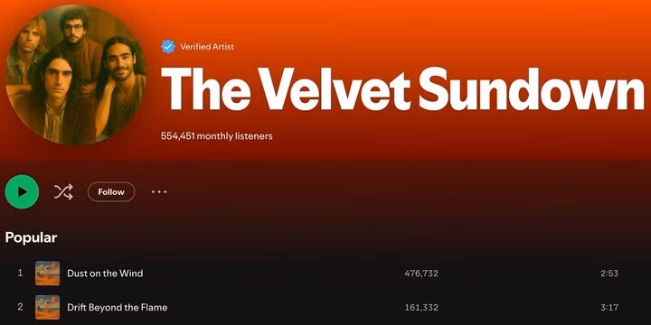 Bài hát AI xuất hiện trên Spotify và Deezer, cách kiểm tra khi nghe nhạc do trí tuệ nhân tạo tạo ra Ban nhạc Velvet Sundown được tạo nên bởi AI. (Nguồn: Spotify)