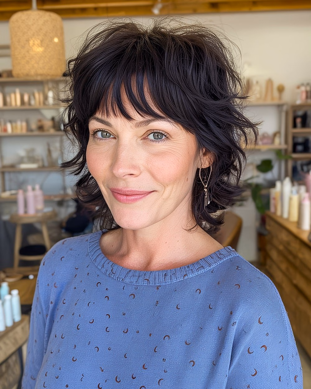 Layered short black shag with feathered bangs and tousled volume
