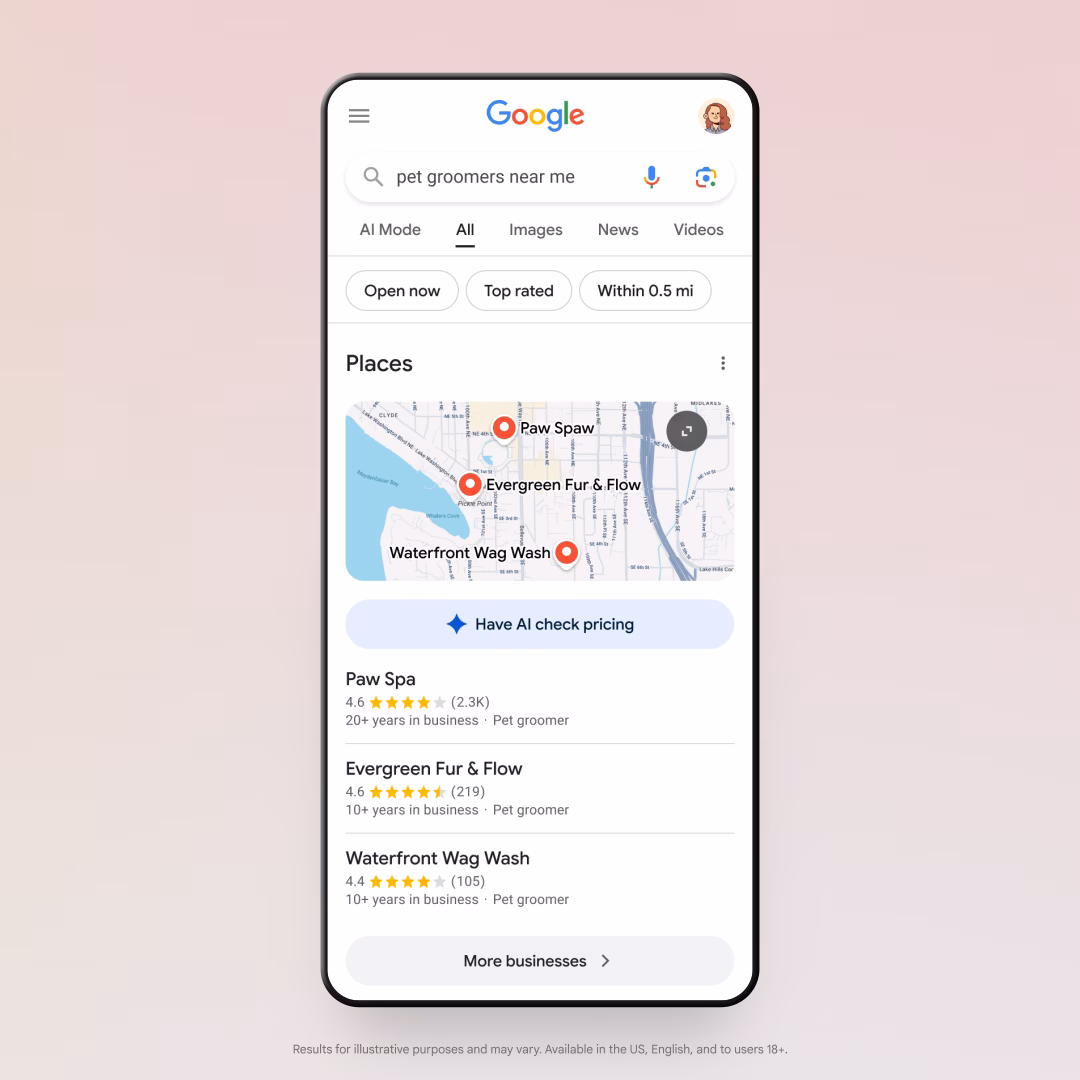 Screenshot from: blog.google/products/search/deep-search-business-calling-google-search, July 2025.