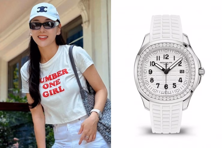 Mỹ Linh và Phương Oanh đeo đồng hồ 1,3 tỷ của Patek Philippe Thiết kế Patek Philippe Aquanaut màu trắng, đính kim cương viền mặt được định giá khoảng 1,3 tỷ đồng là mẫu đồng hồ quý hiếm, được giới săn đồng hồ ưa chuộng.