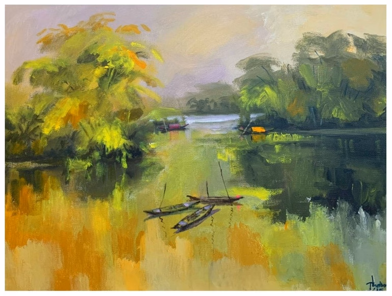 Triển lãm Sắc Quê: Ký ức tuổi thơ và tình yêu quê hương trên canvas Nhà phê bình Mỹ thuật Mai Thị Ngọc Oanh, Phó Chủ tịch Thường trực Hội Mỹ thuật Việt Nam tham quan triển lãm trong ngày khai mạc.