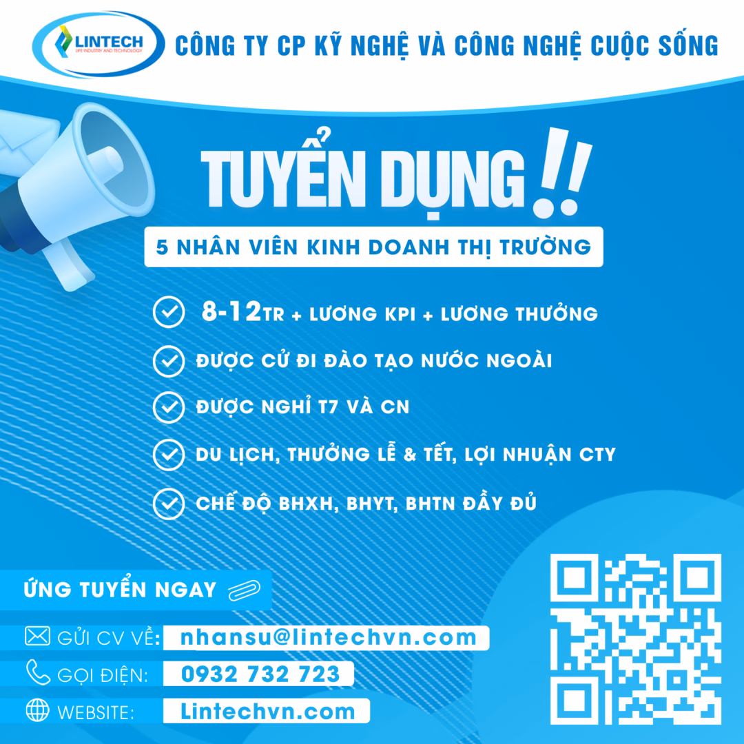 Tuyển 5 Nhân Viên Kinh Doanh Công Nghệ Sinh Học lương 8-12 triệu/tháng
