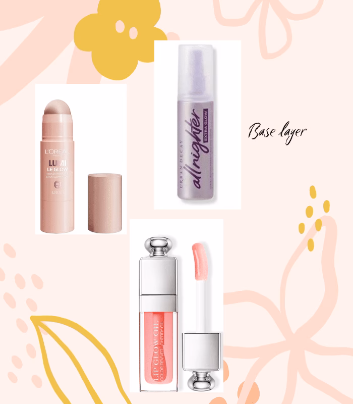 A flat lay of three makeup products on a floral pink background—LOréal stick, Urban Decay All Nighter spray, and Dior lip gloss—offers inspiration for a sun-kissed makeup look with Base layer written in cursive.