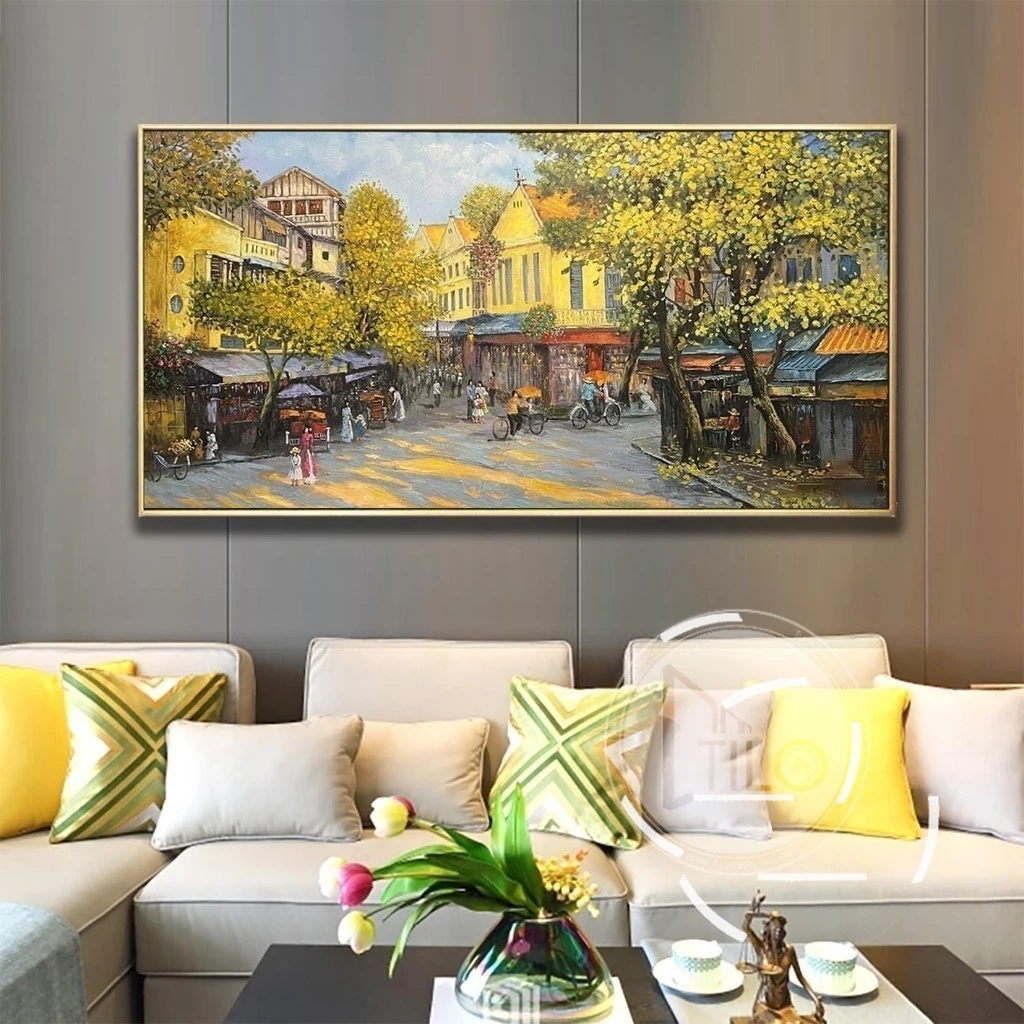 Làm thế nào để treo tranh phố cổ Hà Nội mùa thu lá vàng lên tường mà không làm mất đi không gian hoài niệm?