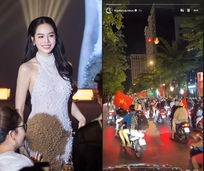 Hoa hậu Thanh Thủy cùng người hâm mộ ăn mừng chiến thắng U23 Việt Nam