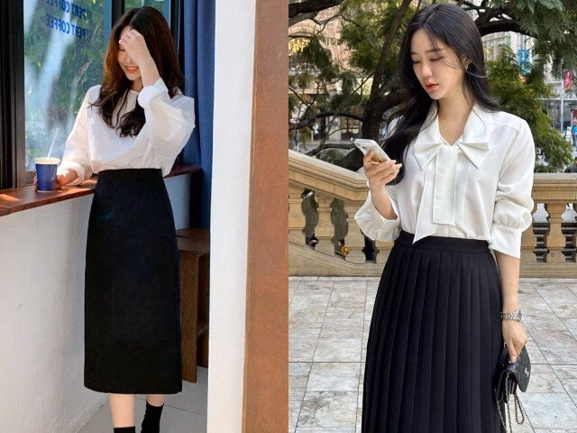 Áo len cộc tay + chân váy đen Áo len cộc tay mang lại vẻ trẻ trung, hiện đại khi phối cùng chân váy đen