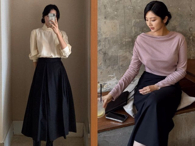 Blouse + chân váy đen công sở Áo blouse mềm mại, nữ tính kết hợp cùng chân váy đen