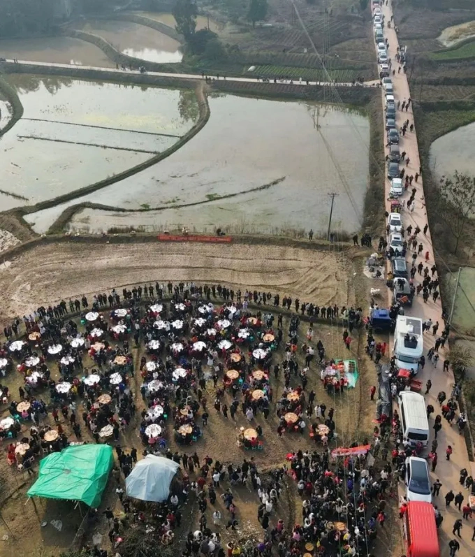 Đường l&agrave;ng Qingfu tắc nghẽn v&igrave; 10.000 kh&aacute;ch tới ăn &ldquo;đụng lợn&rdquo;