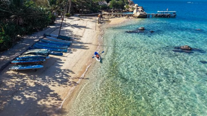 Du kh&aacute;ch ch&egrave;o kayak tr&ecirc;n biển xanh của đảo C&aacute; Voi