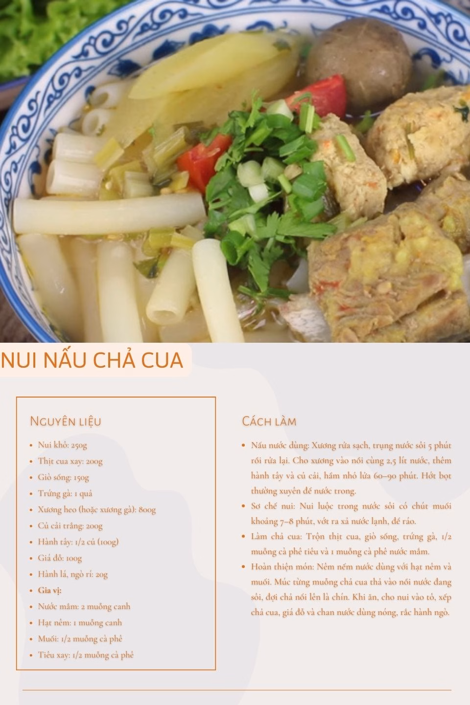 Quy tr&igrave;nh nấu nui chả cua chi tiết