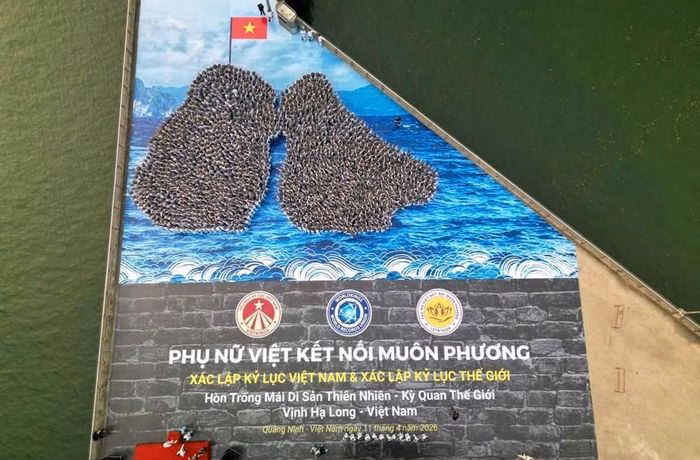 H&igrave;nh ảnh từ tr&ecirc;n cao của m&agrave;n xếp h&igrave;nh kỷ lục bằng &aacute;o d&agrave;i tại Hạ Long