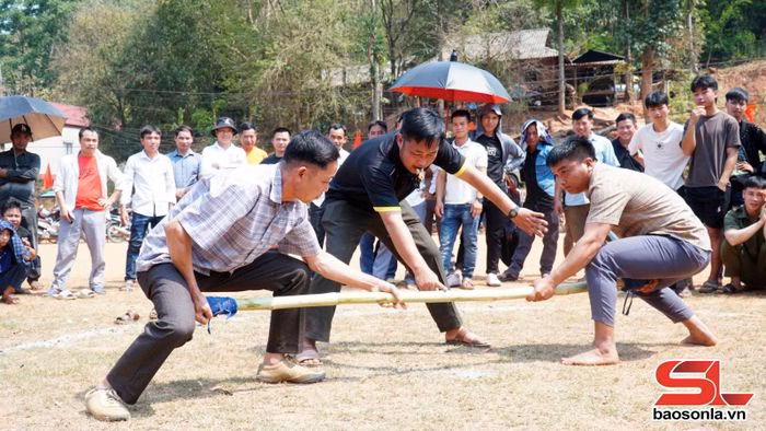Tr&ograve; chơi đẩy gậy kịch t&iacute;nh thu h&uacute;t đ&ocirc;ng đảo người xem tại Lễ hội L&aacute;ng Pang A
