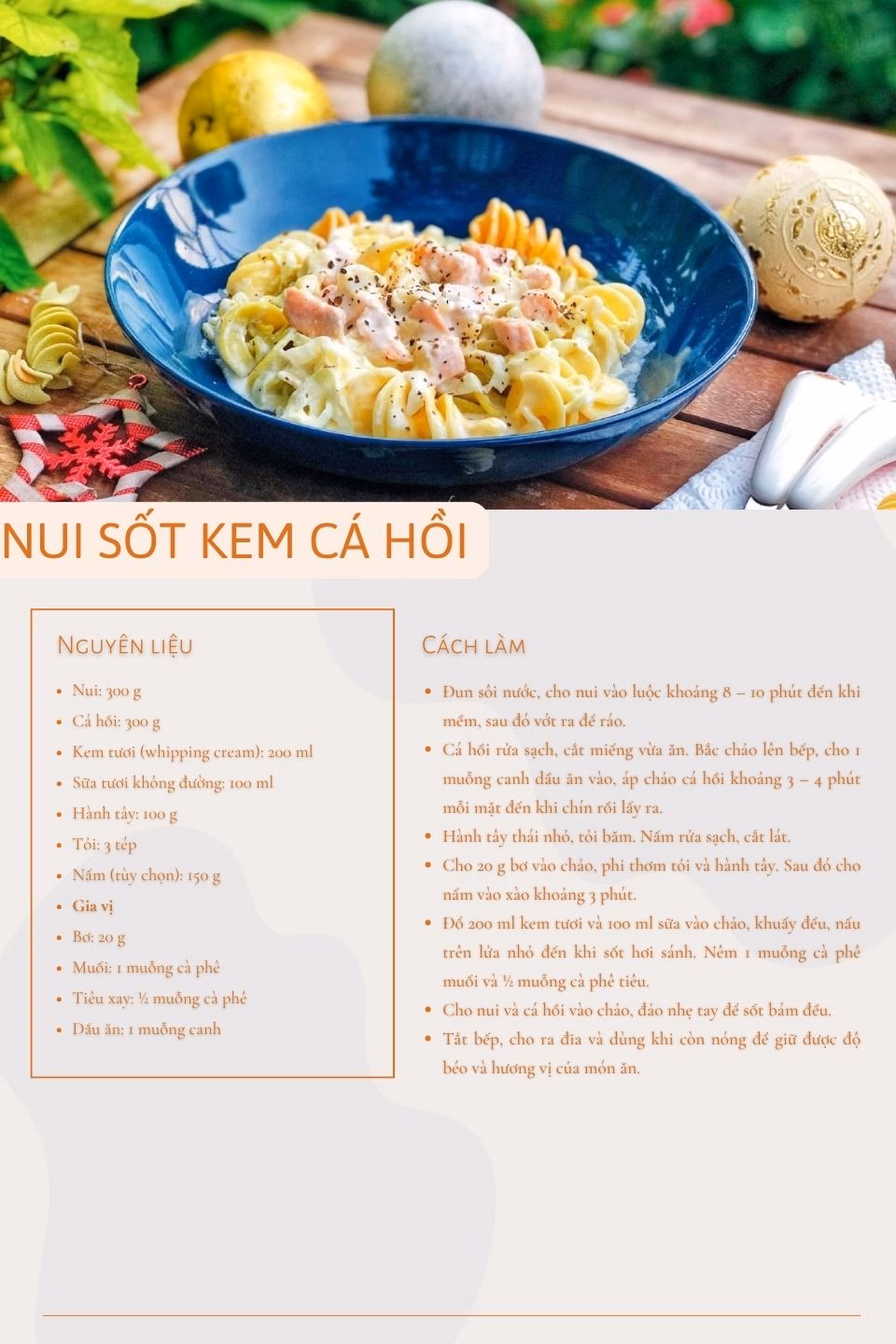 Hoàn thiện đĩa nui sốt kem cá hồi với màu sắc hài hòa