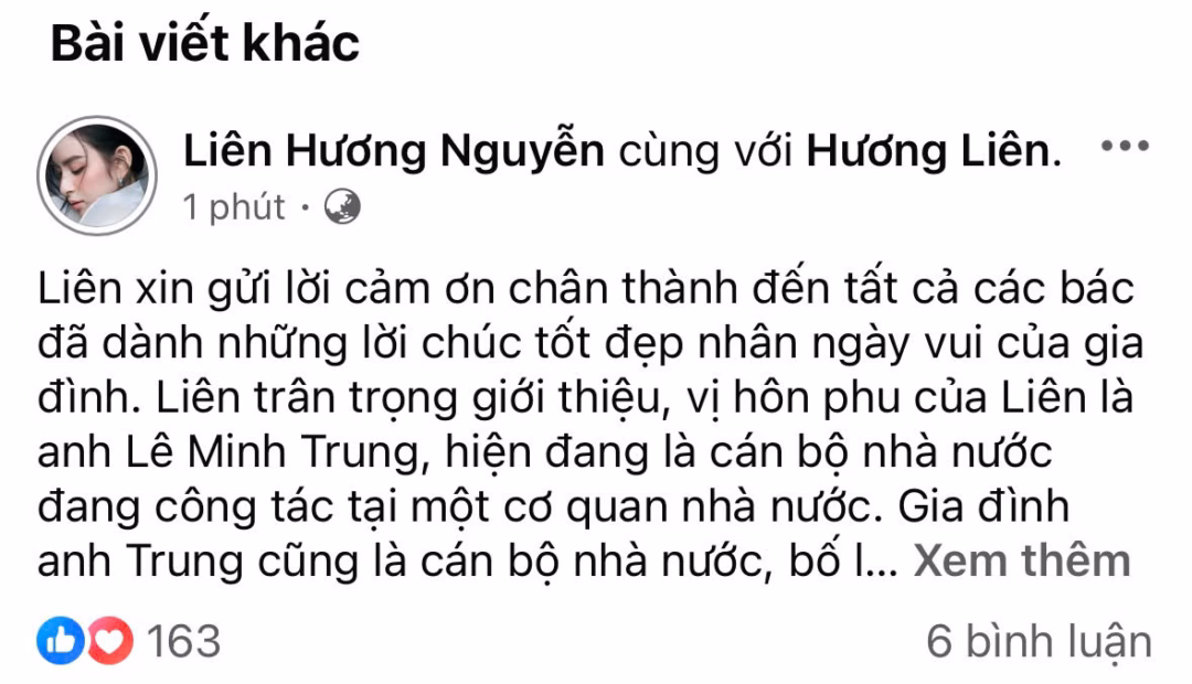 Hương Liên công khai chức vụ của chồng, bố mẹ chồng