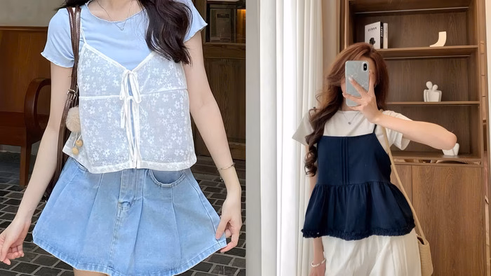 Áo phông mix áo hai dây, công thức hack tuổi chuẩn Hàn